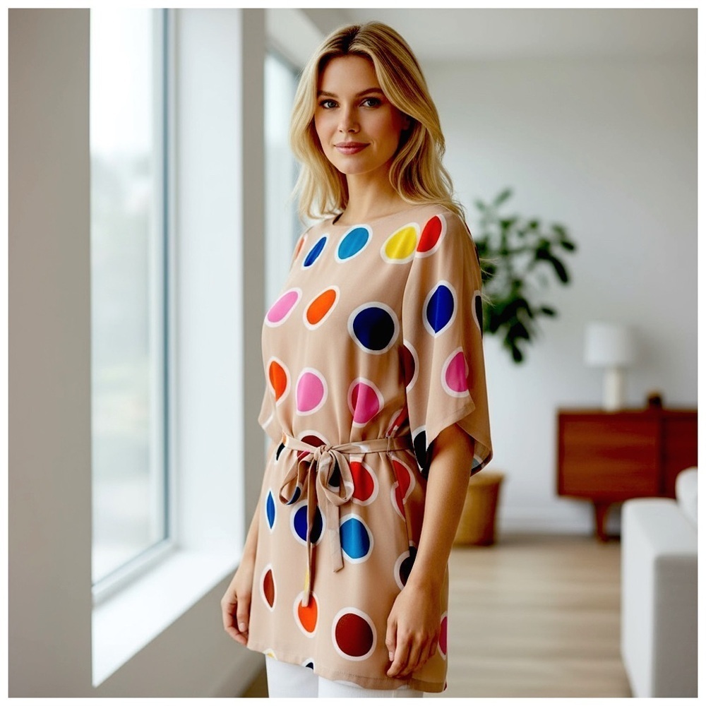 Joy Joy Women's Polka Dot Twist-Front Pleated Dress. Multi-Color. Medium - Picture 10 of 11